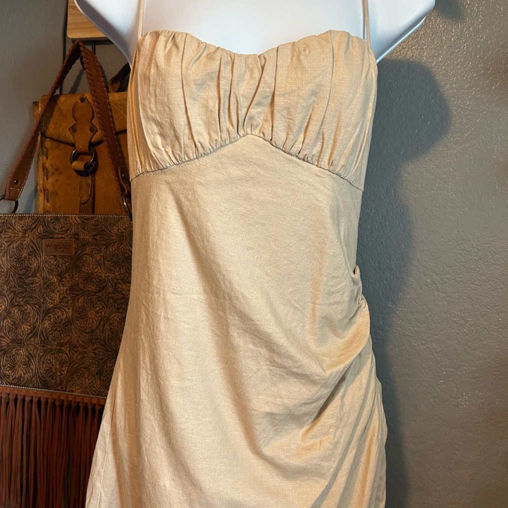 Zara Linen Cream Asymmetrical Ruched Halter Gown Size Large - Picture 3 of 11